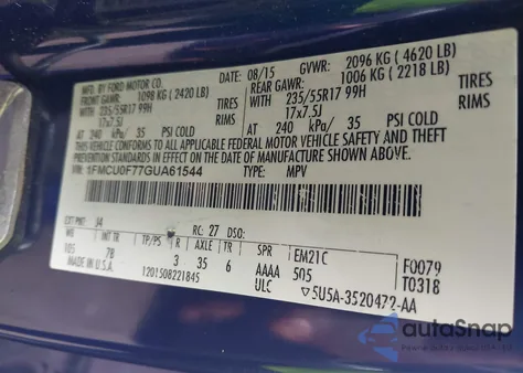 2016 Ford Escape S z USA, uszkodzony, nr VIN 1FMCU0F77GUA61544